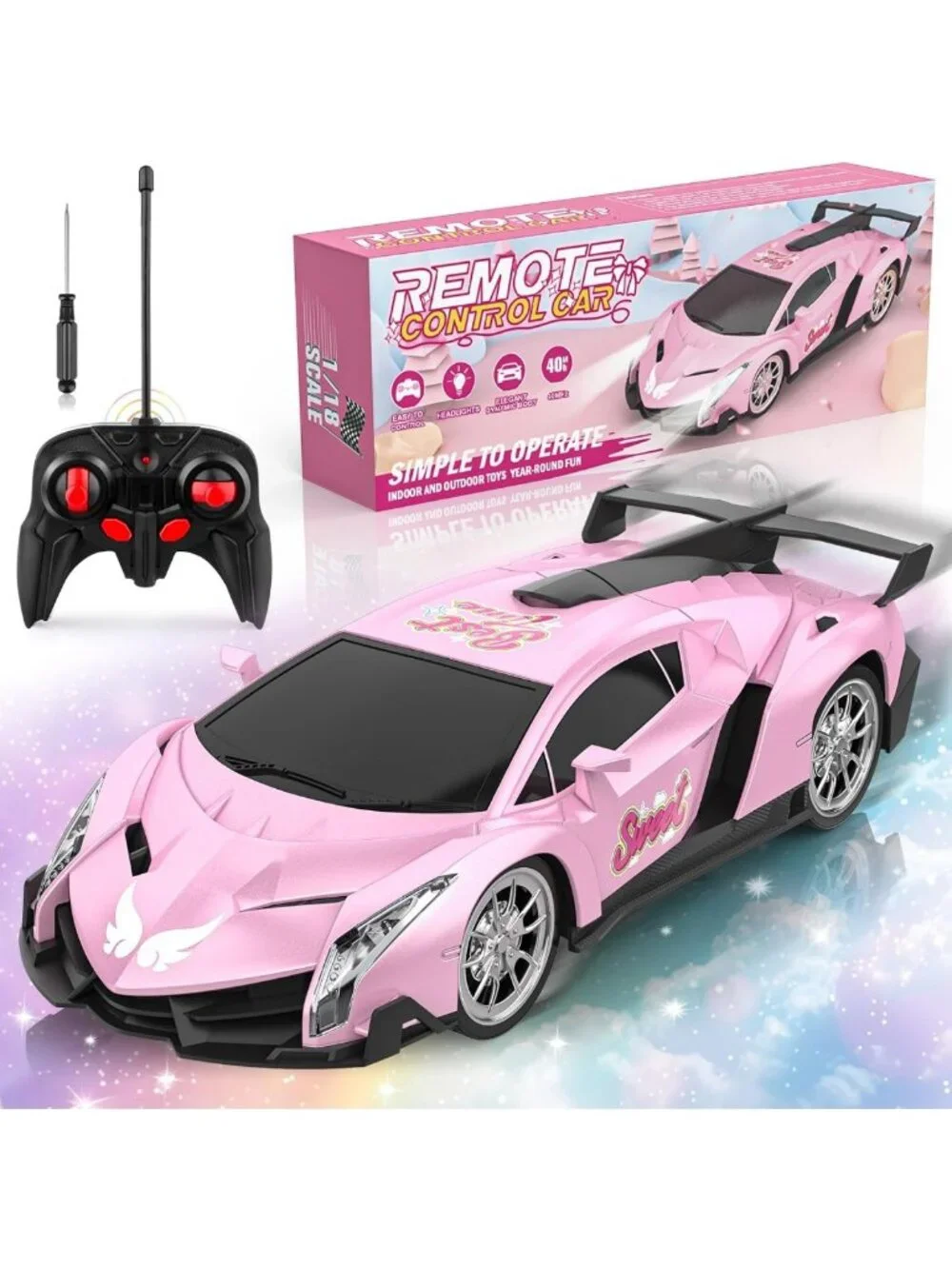 Pink Remote Control Car for Girls, 1:18 Scale Electric Racing Toy with Lights